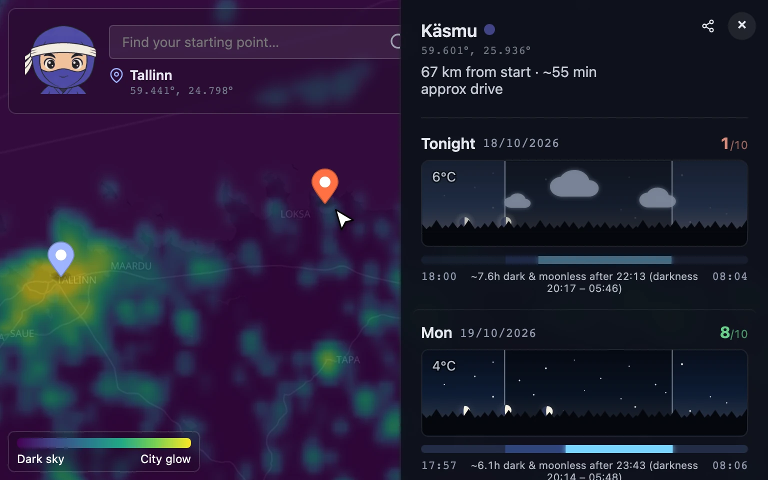 Star Ninja: pick a start and a dark spot on the map, then see its darkness, clouds and moon.